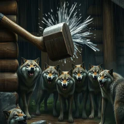 one large hammer breaks the wall of the wooden house. A group of anthropomorphic wolves react in surprise in the background other anthropomorphic wolves watch the scene unfold with expressions of shock and with surprise faces. high realistic, detailed,dark fantasy mood, rain, cinematic