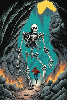 ,Digital illustration of horror genre comic book cover from the 1980s, giant larger than life skeleton picks up tiny humans as they try to run away from inside the cave, macabre, gorey, 1970 illustration art style, absurdist, conye.color pencils, ink, counter culture, dystopian, retro futuris. 90s riot girl look, punk aesthetics, collage, psychedelic, grime, textured, mixed media with a british pop culture influence, maximalism, feminist icon,