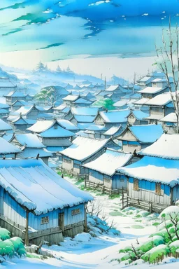 A light blue Japanese village in winter season painted by Alan Sorrell