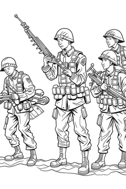 Outline art for coloring page OF ONE BOY PLAYING WITH A 1945 TOY SET OF FOUR SMALL AMERICAN PLASTIC TOY ARMY SOLDIERS, coloring page, white background, Sketch style, only use outline, clean line art, white background, no shadows, no shading, no color, clear