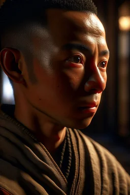 close up, Shirokai was raised in a secluded monastery, where the monks devoted themselves to the study of ancient martial arts and the pursuit of inner peace. He was an orphan, brought to the monastery's doorstep as a baby, and the monks raised him as one of their own. photorealism, depth of field, lightrays, downligh, nvidia game graphics, kung fu