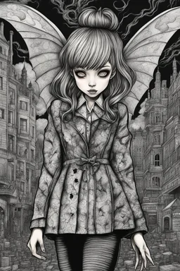 create a full body portrait illustration of a vampire gothpunk girl with highly detailed , sharply defined feminine facial features, in a chaotic, turbulent, otherworldly London in the anime style of Junji Ito, precisely drawn, inked, with dramatic edges,