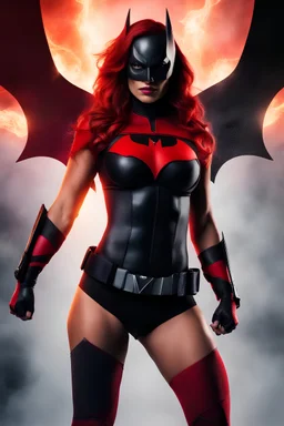 an extremely muscular Mina Shakespeare as Batwoman - gradated Background, professional quality studio 8x10 UHD Digital photograph by Scott Kendall - multicolored spotlight, Photorealistic, realistic stock photo, Professional quality Photograph. colored Fog - Multicolored lightning, 3D heart