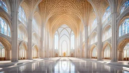 futuristic fantastic symmetrical cathedral interior view, year 2160, sunshine, beautiful, colorful, totally symmetrical design, style Shigeru Ban, innovative architecture, award-winning photograph, awesome, serene, inspiring, spiritual, impressive, cinematic lighting, epic composition, photorealism, very high detail, Unreal Engine, Octane render, HDR