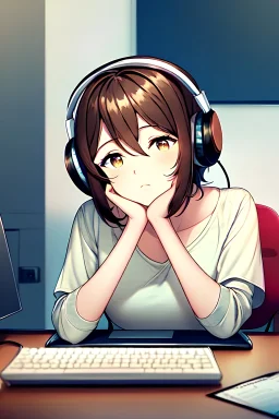 anime girl, dark brown copper hair, short wavy hair, casual clothes, jeans, computer, dark room, headphones, tall, very sleepy, both eyes closed, head resting on hands, sitting in computer chair, hands on desk, looking away, eyes fully closed
