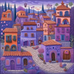 A light purple Day of the Dead themed town designed in Mexican folk art painted by Qiu Ying