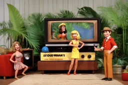 [1960’s stop-motion animation style in the living room: the sound woman in jungle bikini is the star] a 70s humour funny advertisement video TV featuring The Brady Bunch, Gilligan's Island, Laugh-In, The Partridge Family as a claymation character toy from a claymation horror movie in burning rainbow land, from hell, creepy Videos, eyeballs and trees everywhere , as old advertisement shot on video VHS