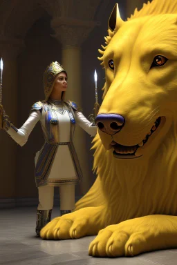 humans obey front of the huge yellow-white big dog, myistic atmhosphare. Realistic, render, 4k