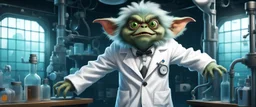 crazy fluffy gremlin scientist in lab coat standing in diving tower