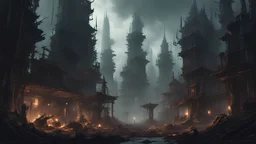 dark cyberpunk fantasy city with piles of scrap forest retaken