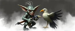 air brush 3d with pen outline, mongrel goblin gremlin holding big big bird with blurred shadow outline, charcoal fog border
