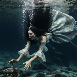 captivating and surreal underwater scene featuring a woman dressed in an elegant royal gown. Her long dark hair stands freely on end suspended in the water, and she is seen diving desperately her lips pursed as air bubbles furiously pour from her mouth rising to the surface. She reaches down towards a small, austere crown lying tantalizingly out of reach on the sea floor, surrounded by eerie bones covered by silt. The dramatic matte oil painting visuals evoke a macabre atmosphere, capturing the