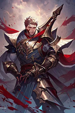 Armored Male Knight by manhwa or korean webtoon style there are lightning and blood spurts around the man his face pointed at the camera and with a serious look he lets his opponent know that it's his turn