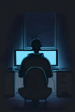 an cartoon style of computer geek sitting in front of a power computer screen in a tidy and modern dark room. don't show face, view from back, high quality, super realistic, man