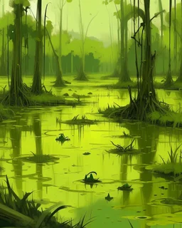 A light yellowish dark green swamp with bugs in daylight painted