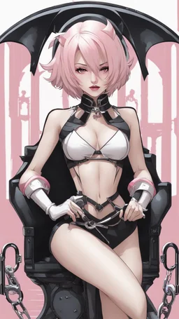 A close picture to blind vampire with white and pink short hair, slave, Tusks, malicious smile, Handcuffs, Weapon handcuffs in dreamshaper finetuned model with dynamic art style witg