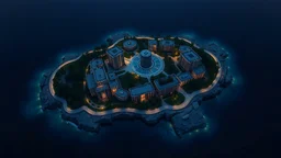 a large modern island with several buildings, top-view down map at night