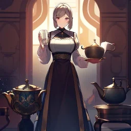 anime girl standing in the middle of a huge tea cup, tea cup is overflowing, girl is standing inside the cup looking over rim of the tea cup