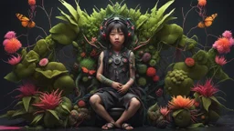 Expressively detailed and intricate 3d rendering of a hyperrealistic: asian toddler, cyberpunk plants and flowers, neon, vines, flying insect, front view, dripping colorful paint, tribalism, gothic, shamanism, cosmic fractals, dystopian, dendritic, artstation: award-winning: professional portrait: atmospheric: commanding: fantastical: clarity: 16k: ultra quality: striking: brilliance: stunning colors: amazing depth