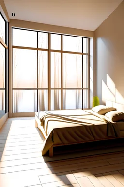 big cozy minimalist bedroom with one bed and a big window with light and view to the garden and river