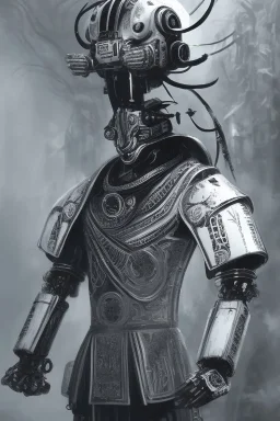 samurai robot in black and white cloak in a cyberpunk environment