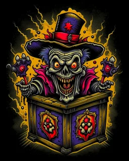 Scary Jack in the box tattoo design, traditional tattoo style, t-shirt design, fantasy art, digital painting, clean dark background, 8K