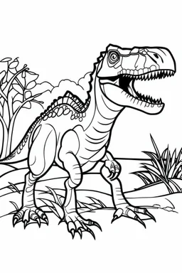 create a coloring page: Illustrate a T-Rex rubbing its scent glands against trees or rocks to mark its territory with pheromones. Kids can color the scene to show the T-Rex leaving scent trails. ink drawing clipart, simple line illustrations, colored