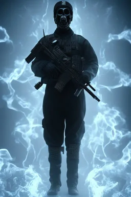 All Black british soldier, ghost, wearing high tech skull mask, white smoke, dark, rage, sorrow, high definition, ultra 8 k, volumetric lighting, blue fire, fog