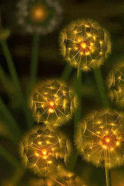 Dandelions glowing like fireworks in the sparkling summer night