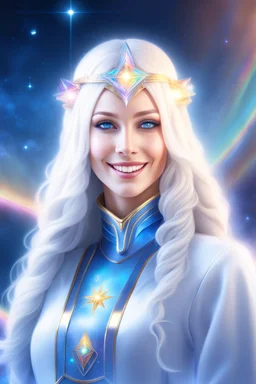 cosmic woman smile,galactic fédération, admiral from the future, one fine whole face, crystalline skin, expressive blue eyes,rainbow, smiling lips, very nice smile, costume pleiadian, Beautiful tall woman pleiadian Galactic commander, ship, perfect datailed golden galactic suit, high rank,rainbow hair, hand whit five perfect detailed finger, amazing big blue eyes, smilling mouth, high drfinition lips, cosmic happiness, bright colors, blue, pink, gold, jewels, realist, high,ufo,butterfly rainbow,