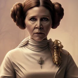 centered, Realist, hyper detailed, head and shoulders portrait, stunningly carrie fisher as princess leia from star wars, daylight, artgerm,Greg rutkowski,vallejo,alphonse mucha