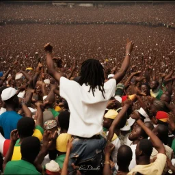 A vibrant and energetic concert performance by Lucky Dube, with a large crowd of enthusiastic fans dancing and singing along to his reggae music.spirit.energy and beauty of this moment.