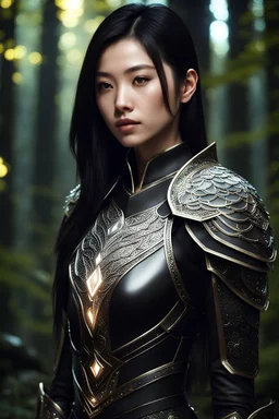 unreal engine 6, beautiful pale skin asian female , shoulder length dark straight hair, wearing regal leather fantasy armor with glowing diamond, glowing part on clothing, midnight forest, portrait