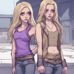 A girl with a purple gold hue around them with small bits of purple gold on their skin. They have long, dirty blonde hair and wear a tank-top with a jacket around their waist and jeans. They wear boots and have violate eyes.