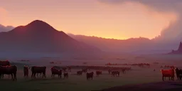 Small viking cattle farm in a bleak cold land, sunset