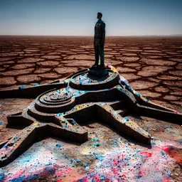 A magnificent statue covered in paint splatters, majestic, highly intricate gigantic derelict statue in a flat misty desert. Realistic photography, incredibly detailed, ultra high resolution, 8k, complex 3d render, cinema 4d.