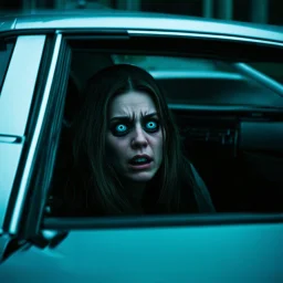 Dark and creepy iconic "The Exorcist" Regan aesthetic, dramatic, possessed young woman 'Regan' behind the wheel of a car with milky pupilless eyes and head thrown back in a contorted pose, scary, grainy movie still, Art of illusion, sinister, dark cinematic horror, eerie