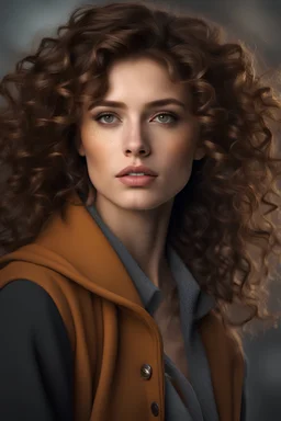 The image of a girl with an expressive and thoughtful face, a nerdy look, The face has some freckles, the hair is curly and extremely voluminous, light brown hair, topaz eyes , voluminous lips - An image must have a mysterious look and an incredible masterpiece quality - It must be in high resolution (32k) with super details and a lot of attention to small details - The image must present macro details and include volumetric light - The image must be absolutely perfect