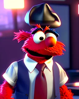 hybrid character, Elmo muppet head, real man body, human arms and hands, Shirt and tie, concept art, smooth, unreal engine 5, god lights, ray tracing, RTX, lumen lighting, ultra detail, volumetric lighting, 3d, finely drawn, high definition, 4k.