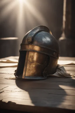 The Roman centurion's helmet lies on an old cracked wooden table. Next to the helmet, on the table, lies a cross on a string and a scroll of parchment. A ray of sunlight reflects off the helmet. All around is the entourage of ancient Rome. High quality image in 8K