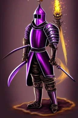 medieval Knight, violet color, high detail, sorcery, sparks, mechanical, plasma, treasure, weapons, slithery, legendary, castle, dragon