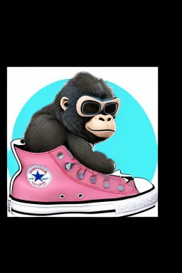 a profile picture of a small gorilla sitting in a blue Converse sneaker, like it's a car, comic style