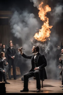 Create a powerful visual representation of the moment Booth fires a single shot into the back of Abraham Lincoln's head. Convey the shock and chaos among the audience as the gunshot reverberates through the theater