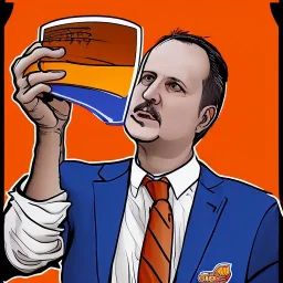 Tom Thibodeau drinking a big glass of beer in a Knicks jersey