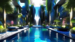 **Surrealistic Urban Oasis**: "Depict a modern urban oasis with sleek architectural designs, where water features are infused with glowing magical symbols, and surrealistic light creates a dreamlike atmosphere of tranquility."