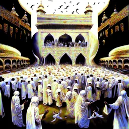 The scene in Mecca: People wearing white Ihram clothes, men without head coverings, women with veils, circumambulating around the Kaaba, and above them are transparent white spirits of children, men, and women with wings revolving around the Kaaba.