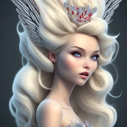 Snow white, beautiful, soft, smiling, straight and long blonde hair, dewy and shiny vibe, diamond crown, long fairy wings in the back, full head