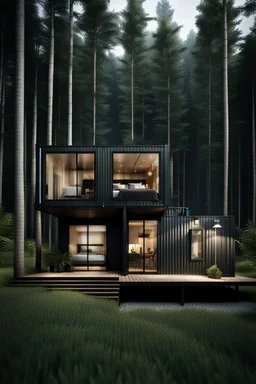 Medium-sized house in the woods made from shipping containers, photorealistic