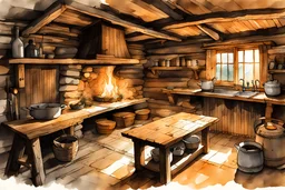 ink wash and watercolor illustration of the interior of an early 18th century rough hewn New England cabin, with a dry laid stone hearth , rustic furniture , kitchen utensils, hanging herbs and medicinal plants, in the comic book style of Bill Sienkiewicz and Jean Giraud Moebius , sharp focus, natural light and shadow, rich earth tone colors