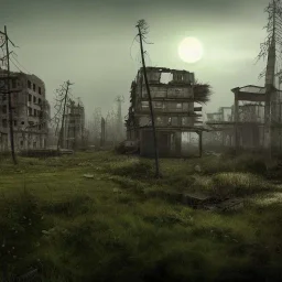 Postapocalyptic town, overgrown, hyperrealistic